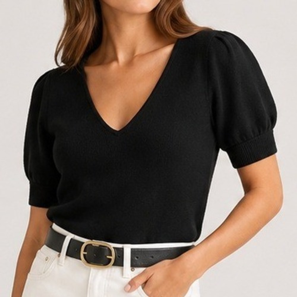 Madewell V Neck Puff Sleeve Sweater Tee Cashmere Short Sleeve Black NT005 XL NWT